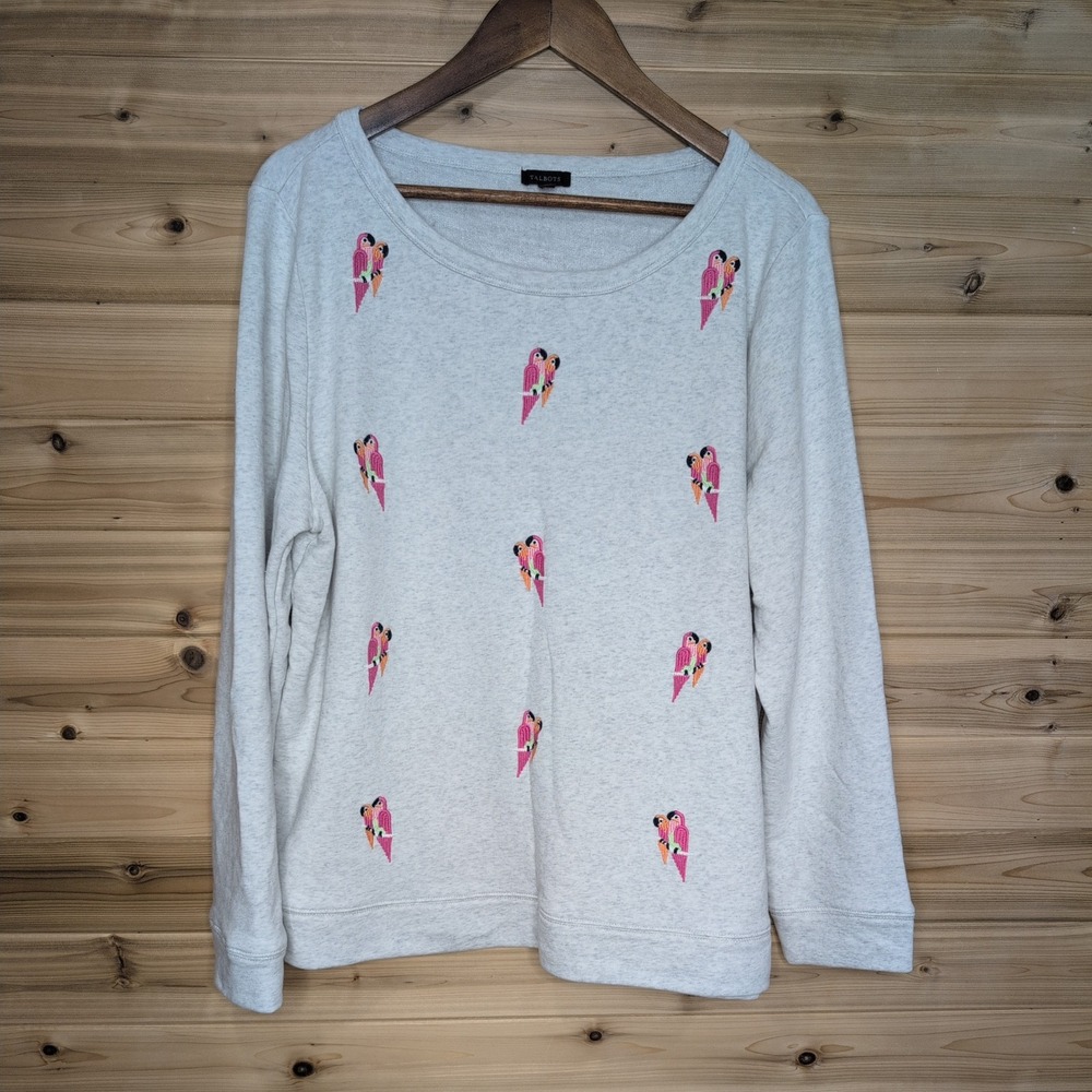 Talbots Womens XL Gray Embroidered Parrot Sweatshirt‎ Long Sleeve French Terry